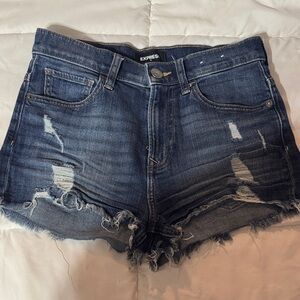 Express Women's Dark Blue Ripped Jean Shorts